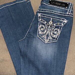 LA Idol USA Jeans Size 5 25 Bootcut Y2K Denim 28" Embellished Rhinestone Flare